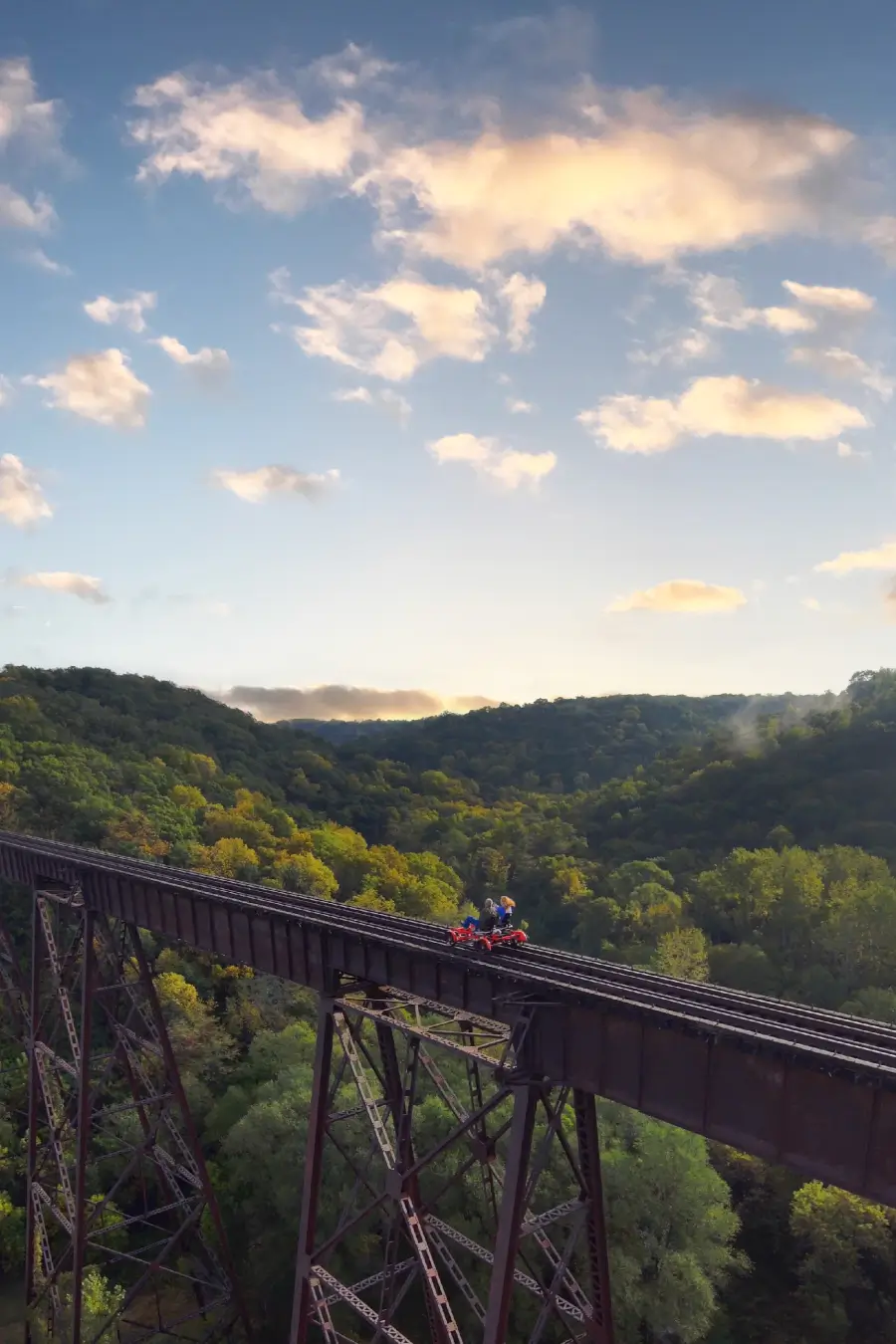 A wide shot of a railbike passing over the iconic Boone High Trestle
