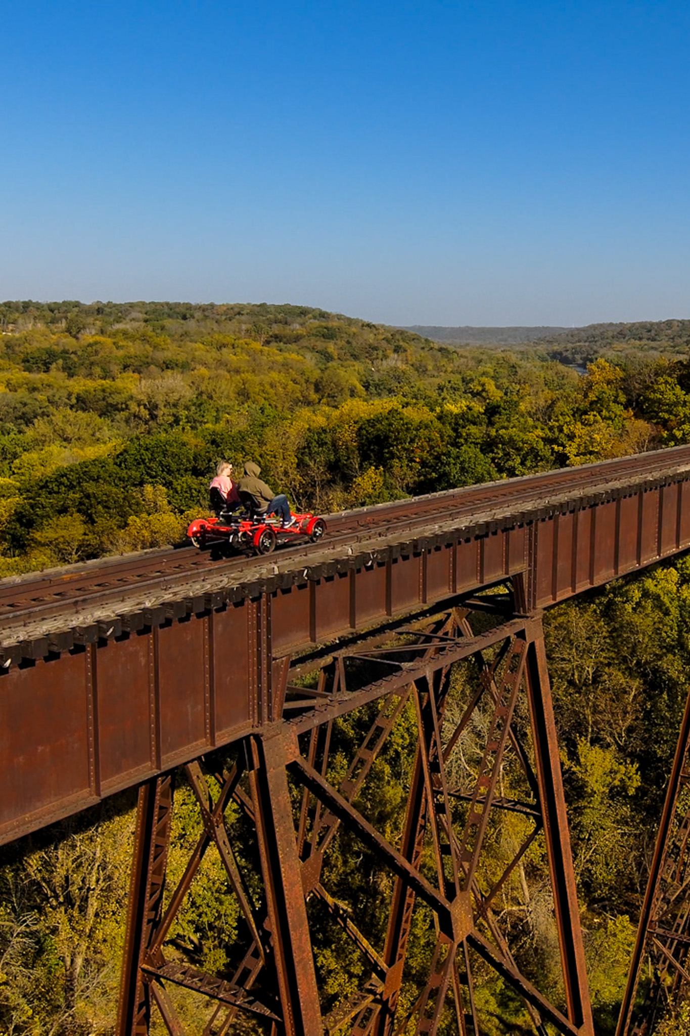 A wide shot of a railbike passing over the iconic Boone High Trestle