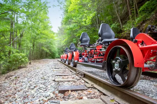 A fleet of red railbikes watch over the turnaround.