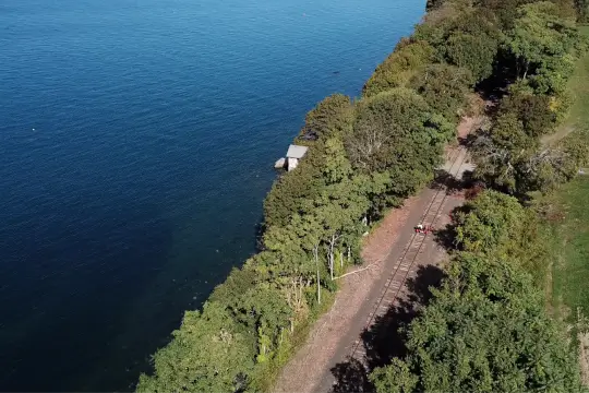 A young couple pedals through the trees alongside the water. 
