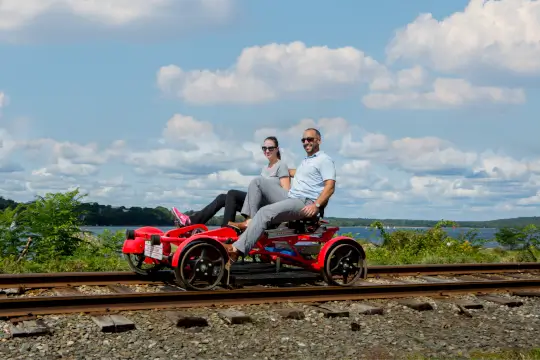 A group meanders through the trees, with another group ahead of them.